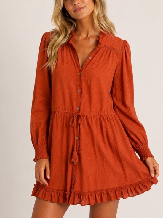 Faherty Dresses & Skirts - Faherty Rust ruffle Long Sleeve Mini Dress Size Medium 8731